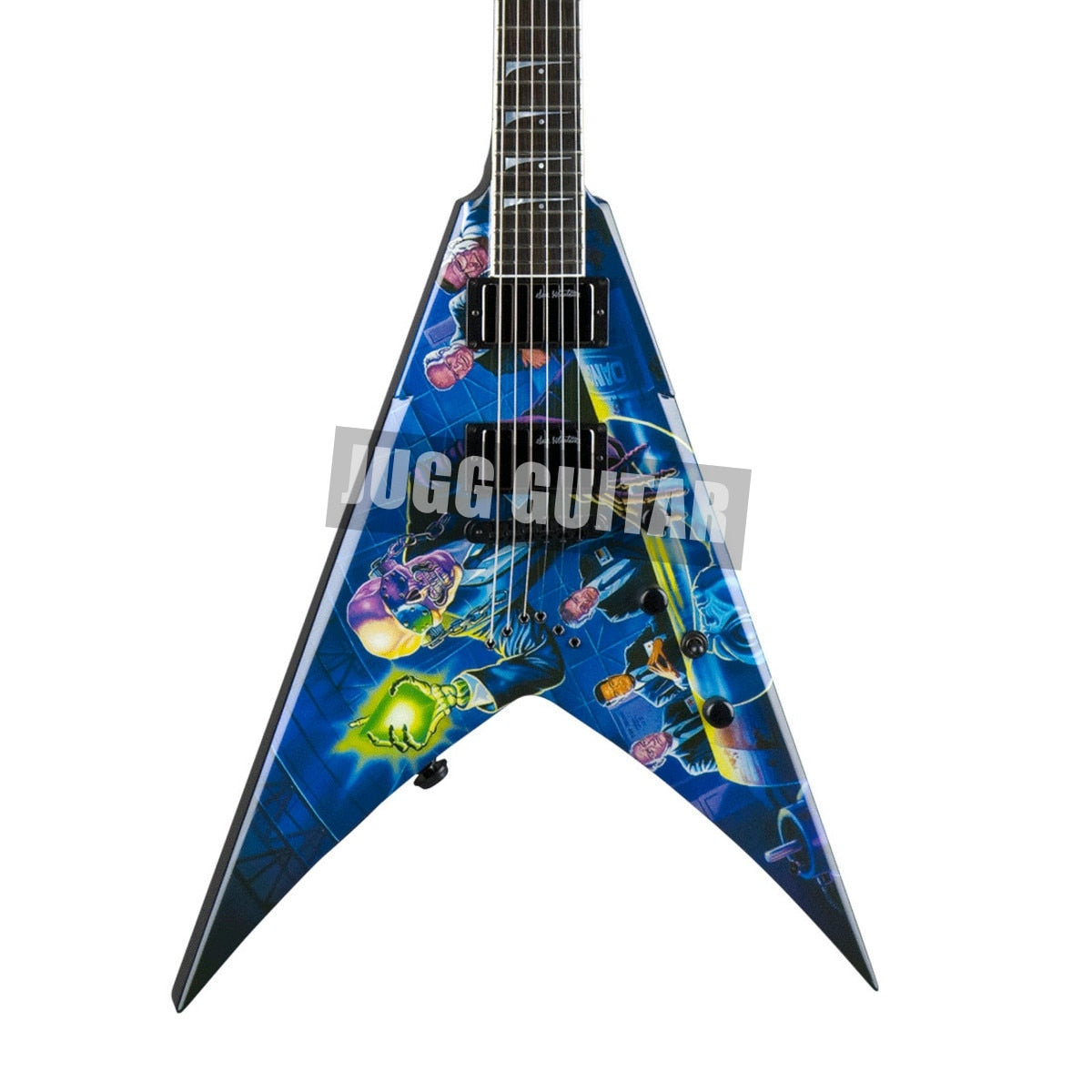 Rare Mustaine Megadeth Rust In Peace Blue Flying V Electric Guitar Grover Tuners, 9V Battery Box, Black Hardware