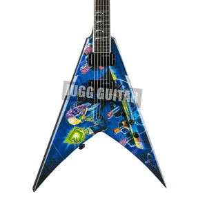 Rare Mustaine Megadeth Rust In Peace Blue Flying V Electric Guitar Grover Tuners, 9V Battery Box, Black Hardware
