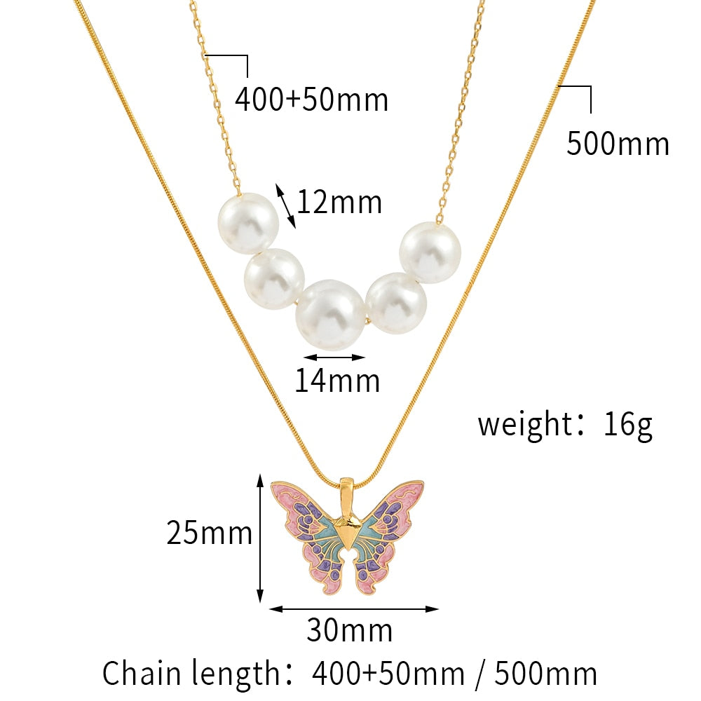 Disney Barbie Fairytopia Mermaidia Enamel Butterfly Pendant Necklace For Women Thai Pop Imitation Pearl Multilayer Jewelry