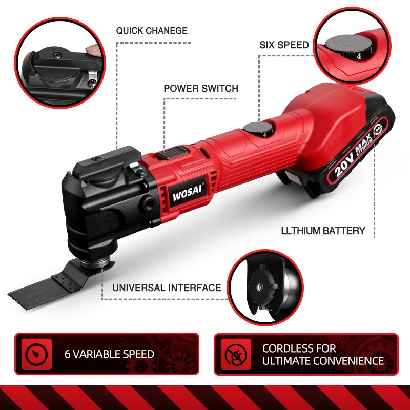 WOSAI 20V Electric Multifunction Oscillating Multi-Tools 6 Variable Speed Cordless Trimmer Saw Renovator Electric Saw Power Tool