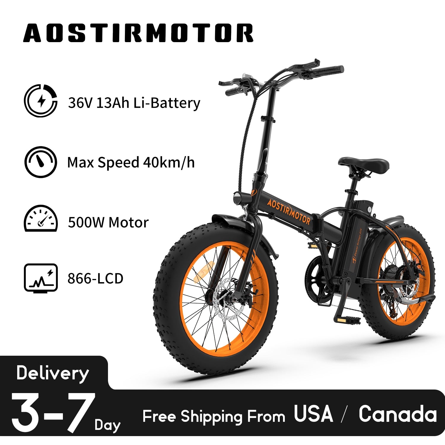 AOSTIRMOTOR A20 Folding Ebike 500W Electric Mountain Bike 20in Tire 36V 13Ah Battery Beach Electric Bicycle Fat Bike For Adult