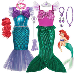 Disney Girl Princess Little Mermaid Ariel Dress Kids Cosplay Costume Children Carnival Birthday Party Clothes Summer Dress Girls