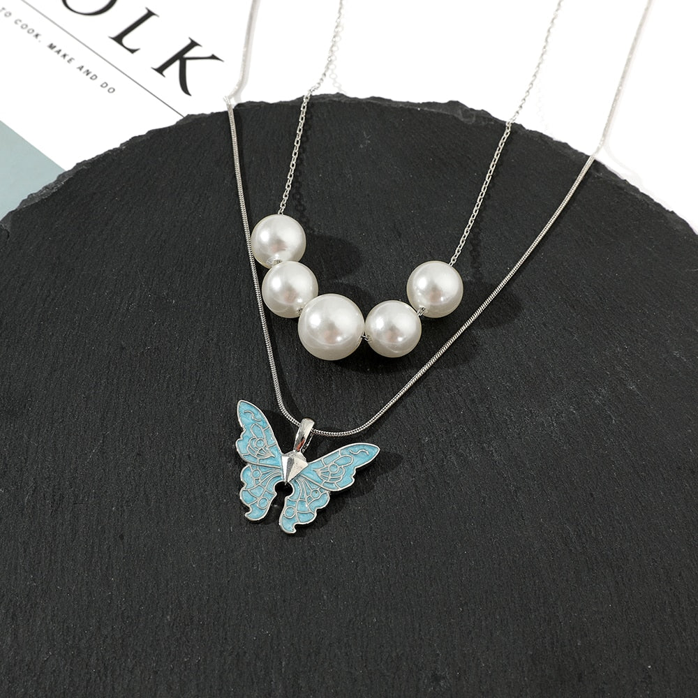 Disney Barbie Fairytopia Mermaidia Enamel Butterfly Pendant Necklace For Women Thai Pop Imitation Pearl Multilayer Jewelry