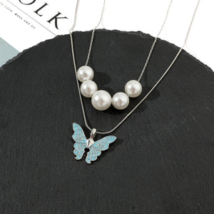 Disney Barbie Fairytopia Mermaidia Enamel Butterfly Pendant Necklace For Women Thai Pop Imitation Pearl Multilayer Jewelry