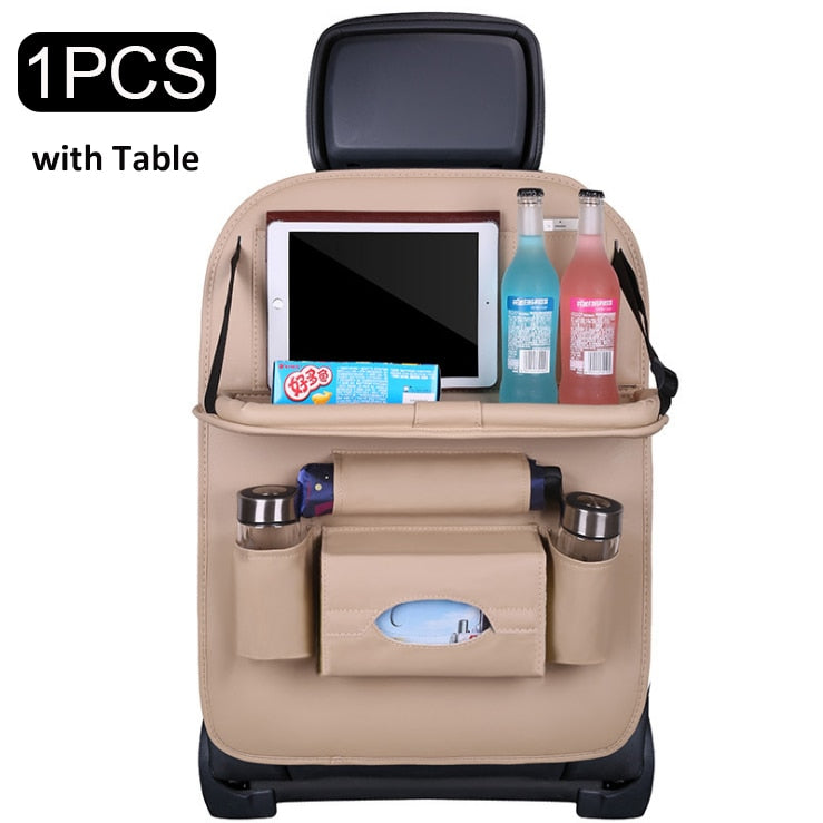 Car Seat Back Organizer Pu Leather Pad Bag Car Storage Organizer Foldable Table Tray Travel Storage Bag Auto Accessories