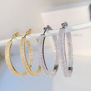Iced Out Bling Baguette Princess Cut Square Shaped Cubic Zirconia CZ Gold Color Plated Classic 45mm Big Circle Hoop Earring