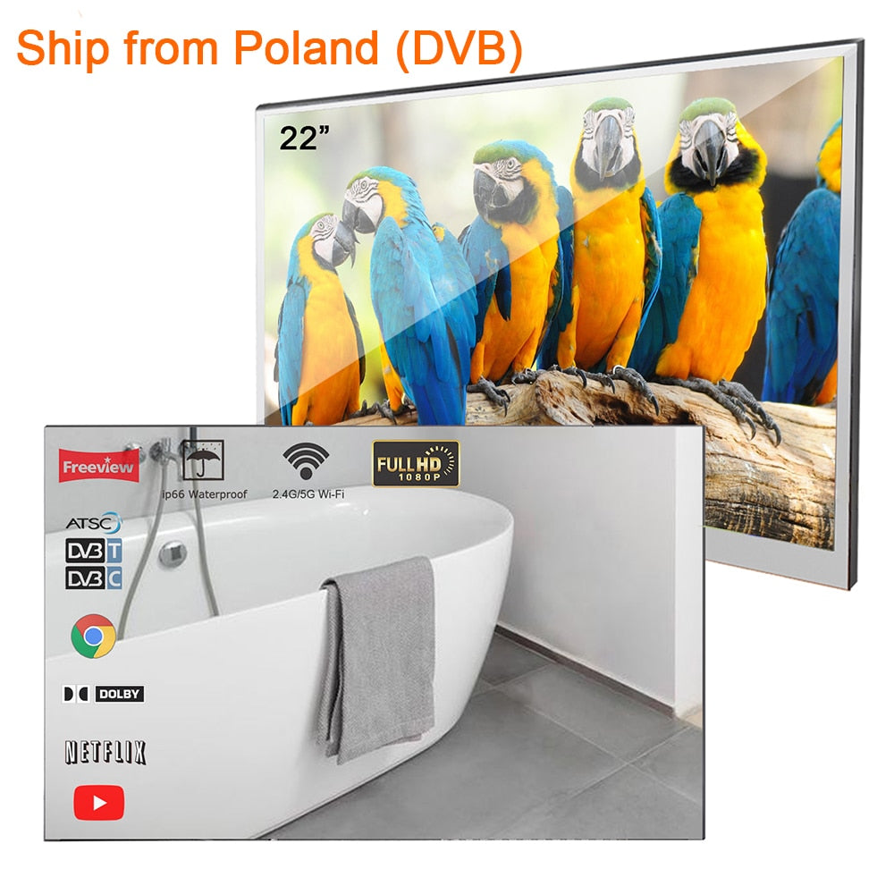 Souria 22 inch Smart Mirror LED Bathroom TV IP66 Waterproof Shower Integrated WiFi DVB ATSC Tuner Television Warehouse in Europe