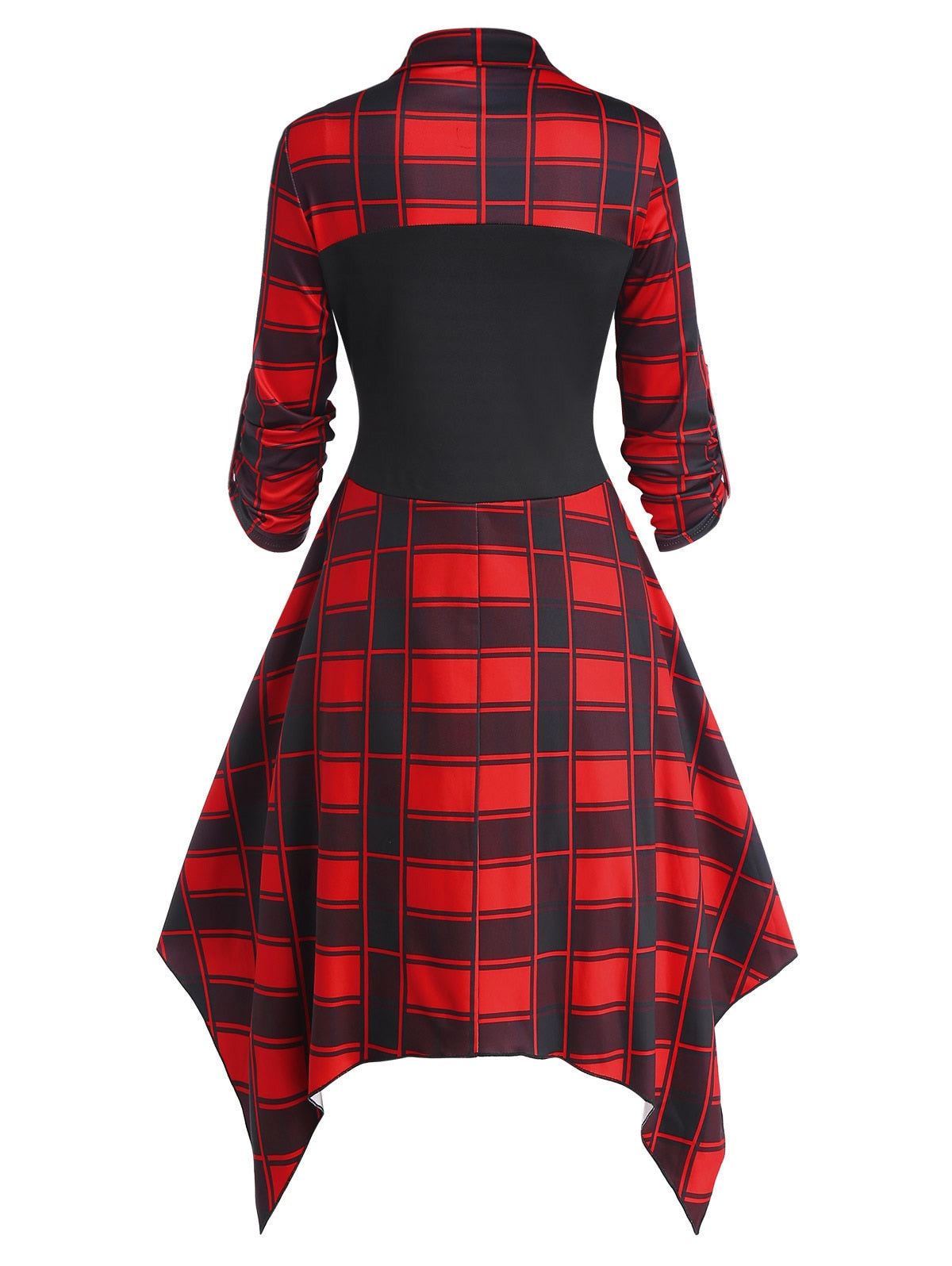 Lace Up Plaid Roll Up Sleeve Handkerchief Dress Midi Shirt Collar Long Sleeve Women Dresses Woman'S Clothing