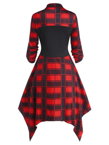 Lace Up Plaid Roll Up Sleeve Handkerchief Dress Midi Shirt Collar Long Sleeve Women Dresses Woman'S Clothing