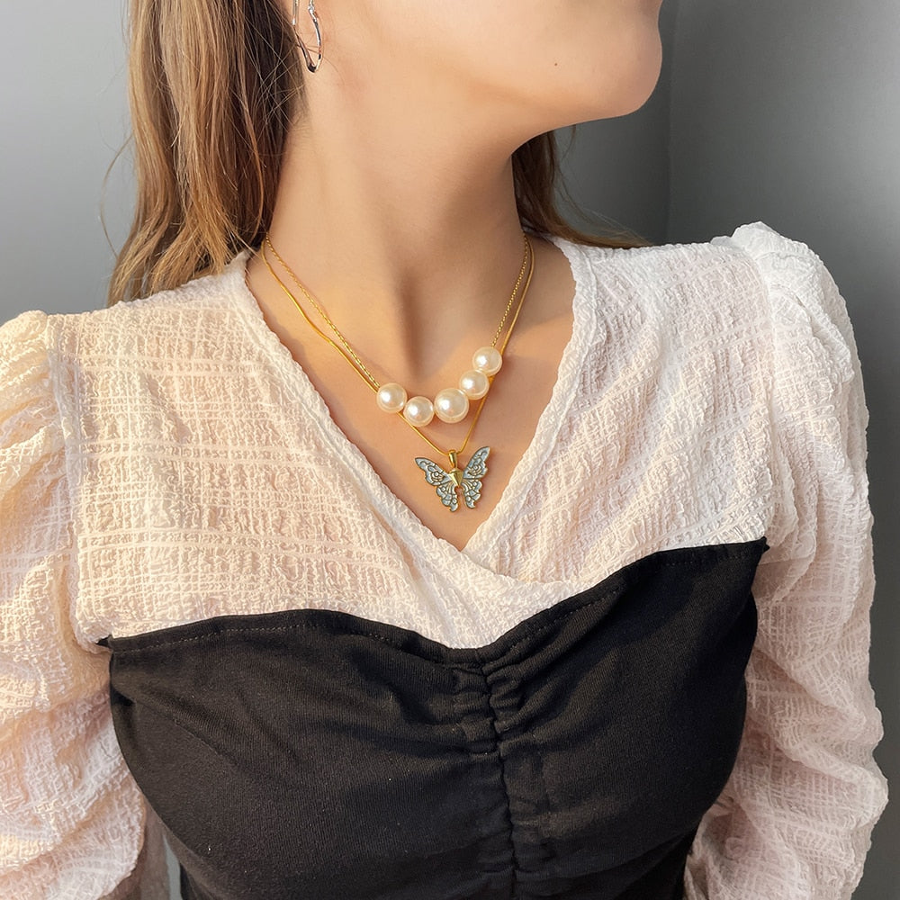 Disney Barbie Fairytopia Mermaidia Enamel Butterfly Pendant Necklace For Women Thai Pop Imitation Pearl Multilayer Jewelry
