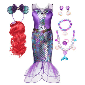 Disney Girl Princess Little Mermaid Ariel Dress Kids Cosplay Costume Children Carnival Birthday Party Clothes Summer Dress Girls