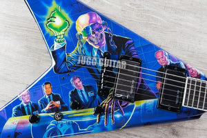 Rare Mustaine Megadeth Rust In Peace Blue Flying V Electric Guitar Grover Tuners, 9V Battery Box, Black Hardware