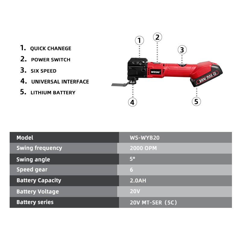 WOSAI 20V Electric Multifunction Oscillating Multi-Tools 6 Variable Speed Cordless Trimmer Saw Renovator Electric Saw Power Tool