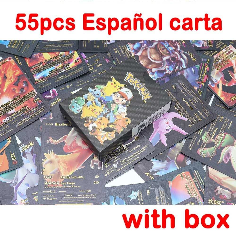 Pokemon Metal Card Spanish Box Gold Black Golden Letters Silver English Vmax Gx Collection Charizard Pikachu Cards Pack Toy Gift