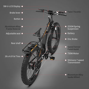 AOSTIRMOTOR S07-B Ebike 750W Motor 48V 13Ah Battery Electric Bike Beach Bicycle 26In 4.0 Fat Tire Mountain Bike With Rear Shelf