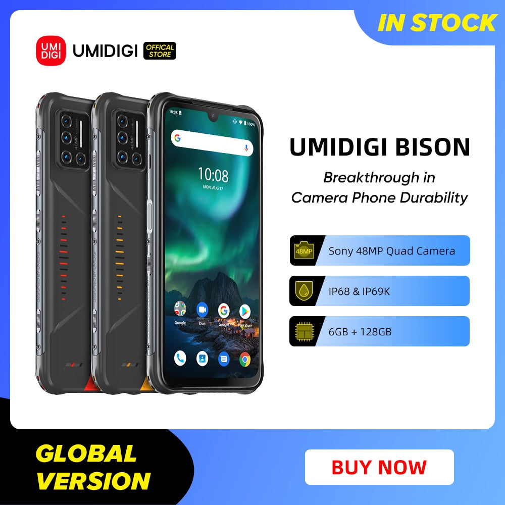 UMIDIGI BISON IP68/IP69K Waterproof Rugged Mobile Phone 48MP Matrix Quad Camera 6.3" FHD+ Display 6GB+128GB NFC Smartphone