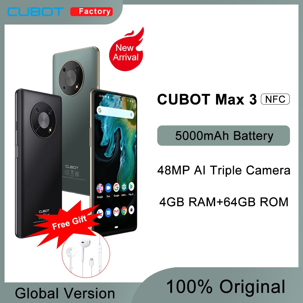 Cubot MAX 3 Smartphone 6.95" Ultra Large Full Screen 5000mAh 64GB ROM Mobile Phone 48MP Triple Camera Celular NFC Android 11 OTG